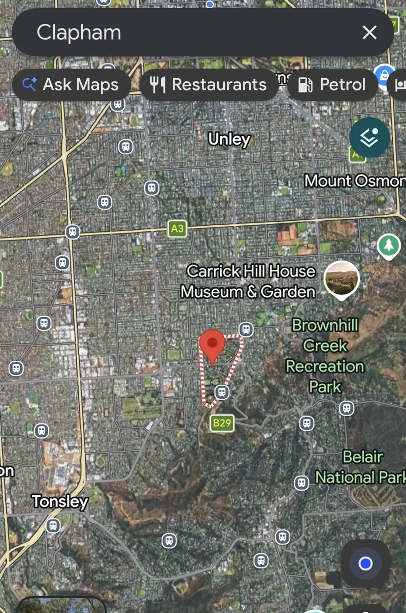 Clapham suburb overview map showing the surrounding Adelaide area